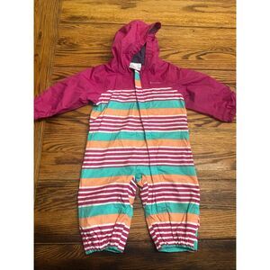 Columbia Fuchsia Striped Fleece Lined Critter Jitters Rainsuit Size 9-12 Months